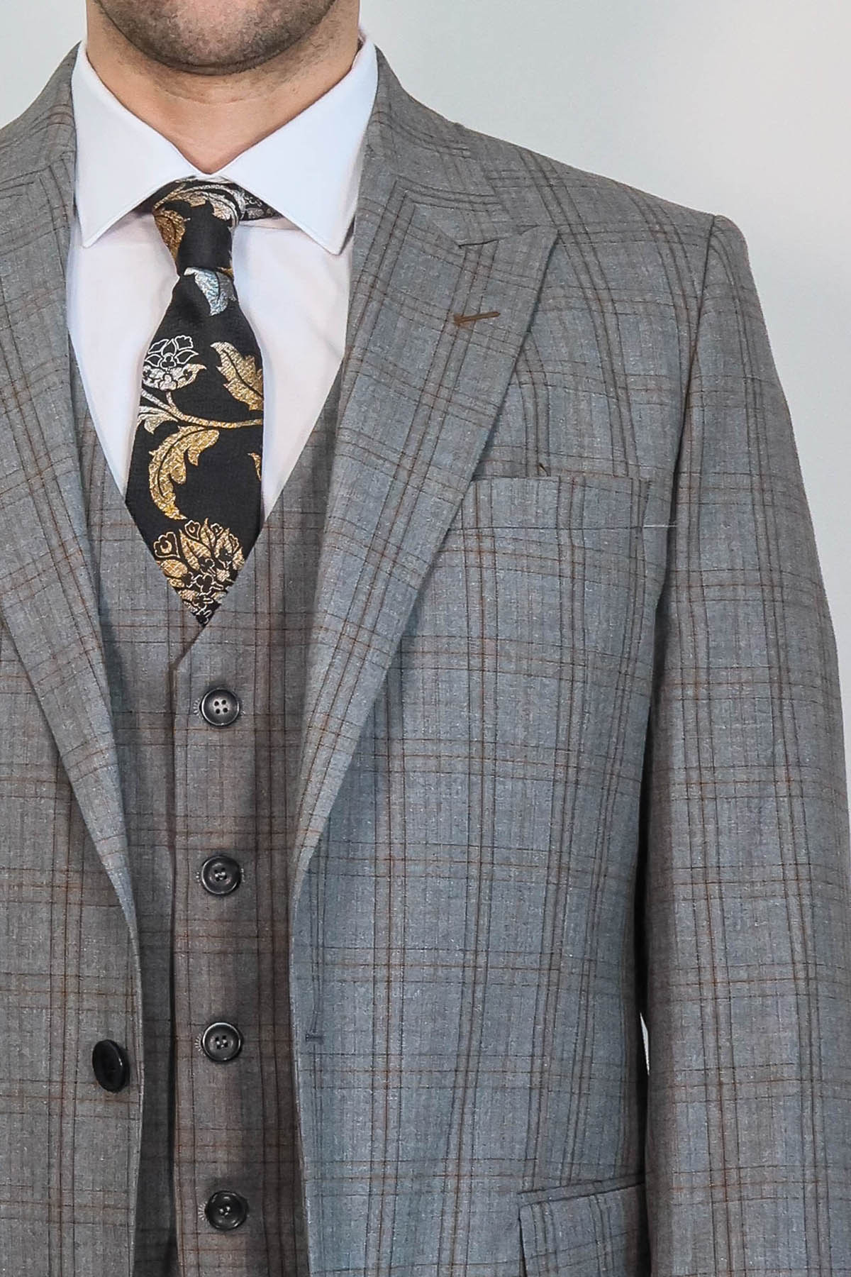 Checked Slim Fit Grey Men Suit - Wessi