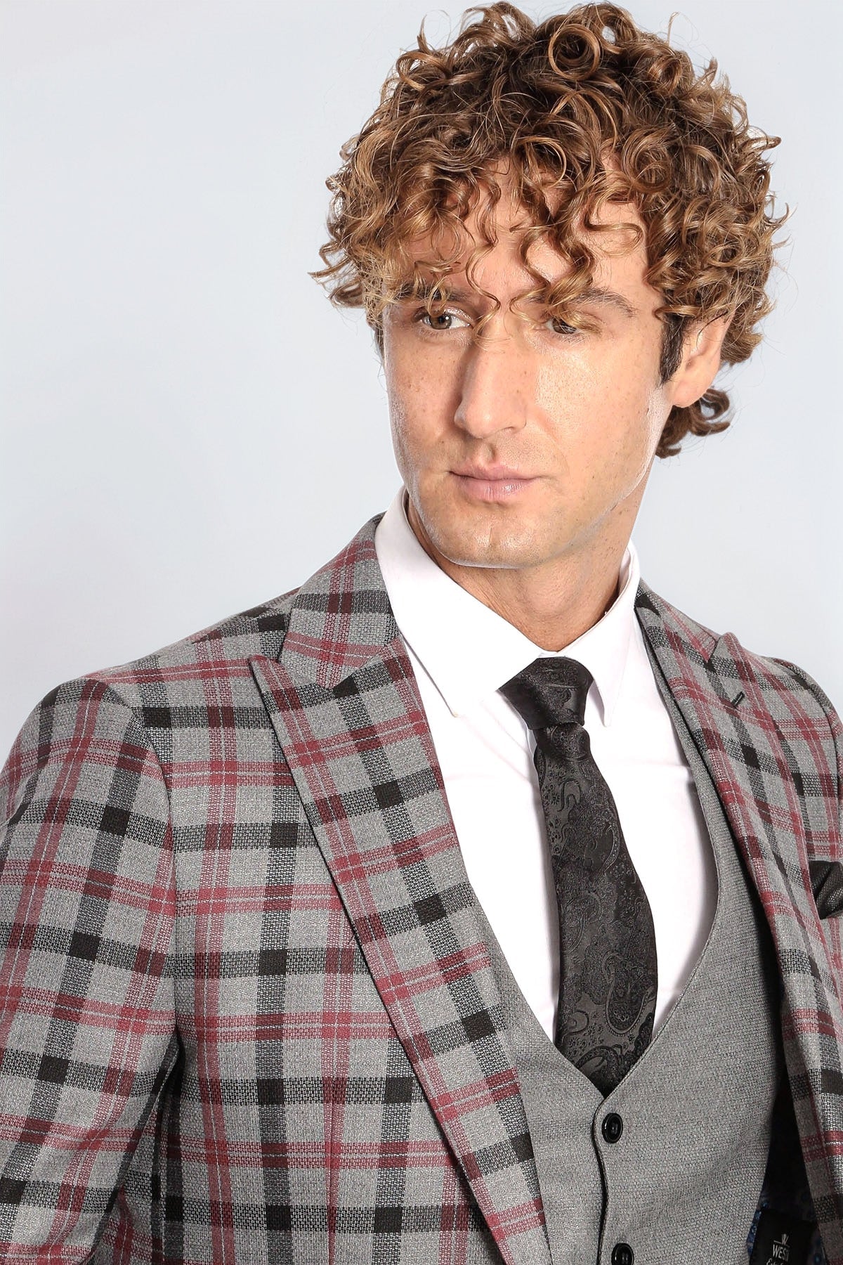 Checked Slim Fit Grey Men Suit - Wessi