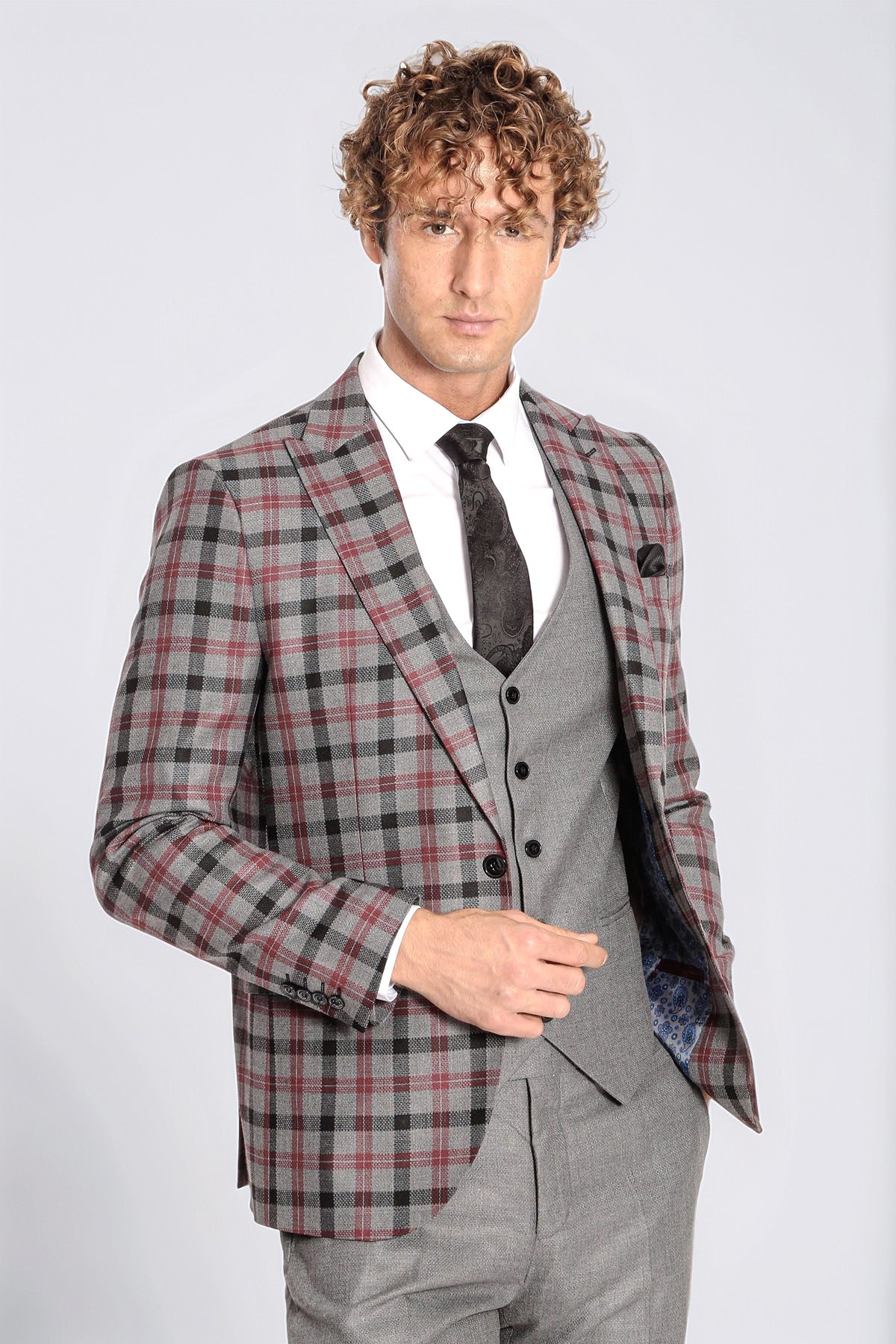 Checked Slim Fit Grey Men Suit - Wessi