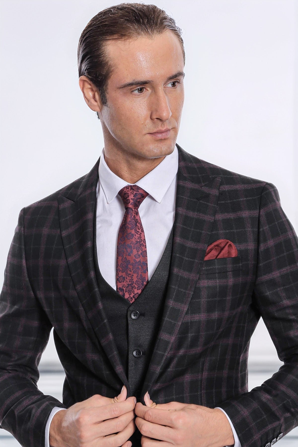 Purple Vested Slim Fit Checked Black Men Suit - Wessi