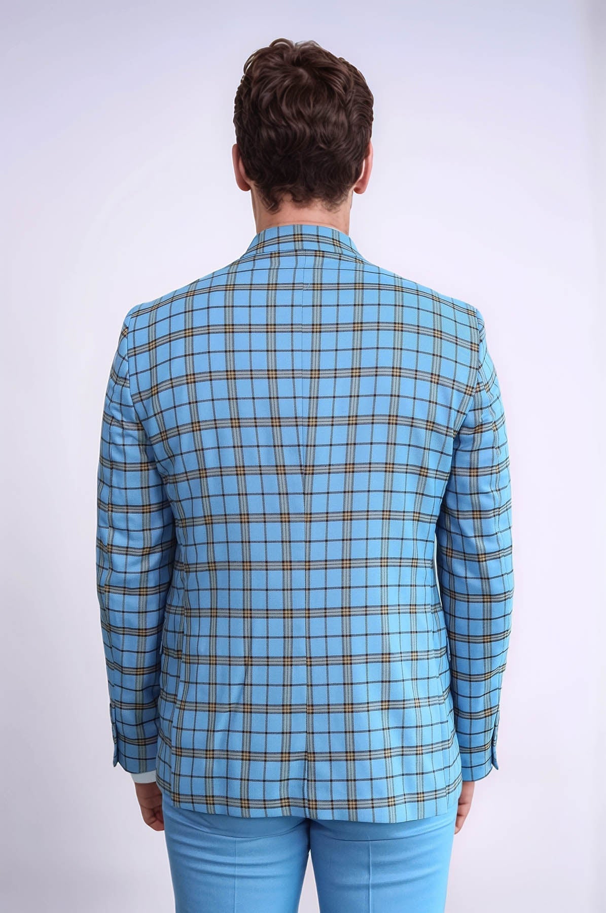 Grey Vested Slim Fit Checked Light Blue Men Suit - Wessi