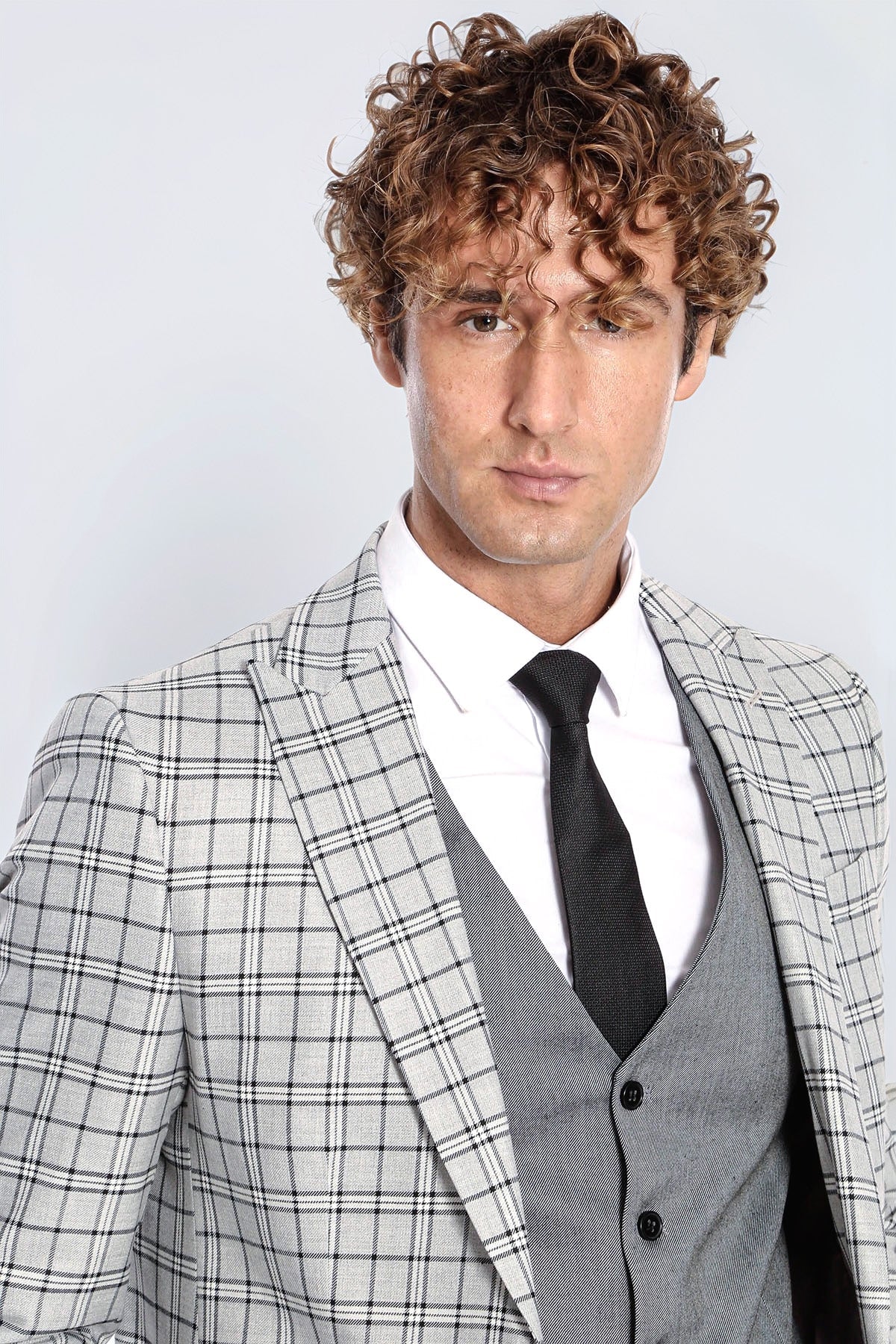 Grey Vested Slim Fit Checked Light Grey Men Suit - Wessi