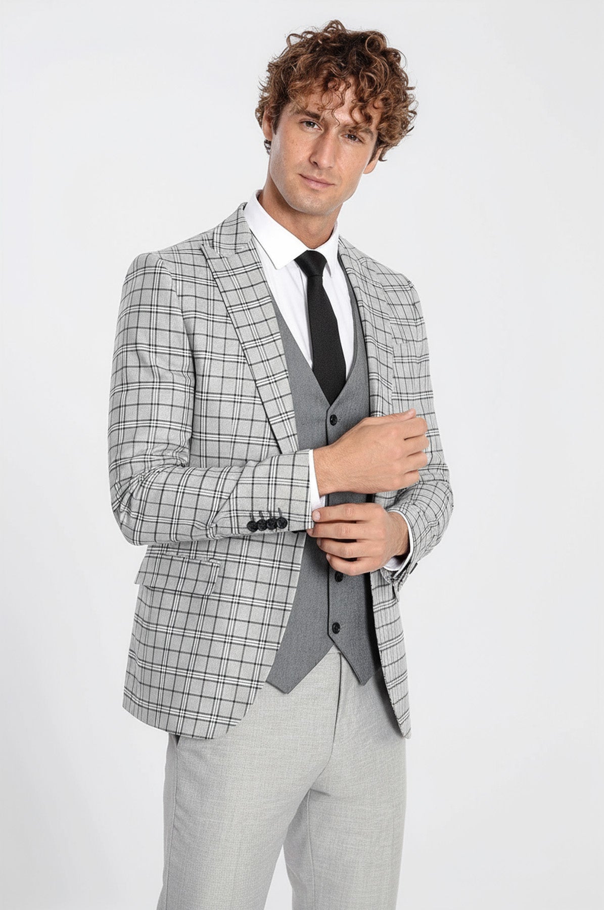 Grey Vested Slim Fit Checked Light Grey Men Suit - Wessi