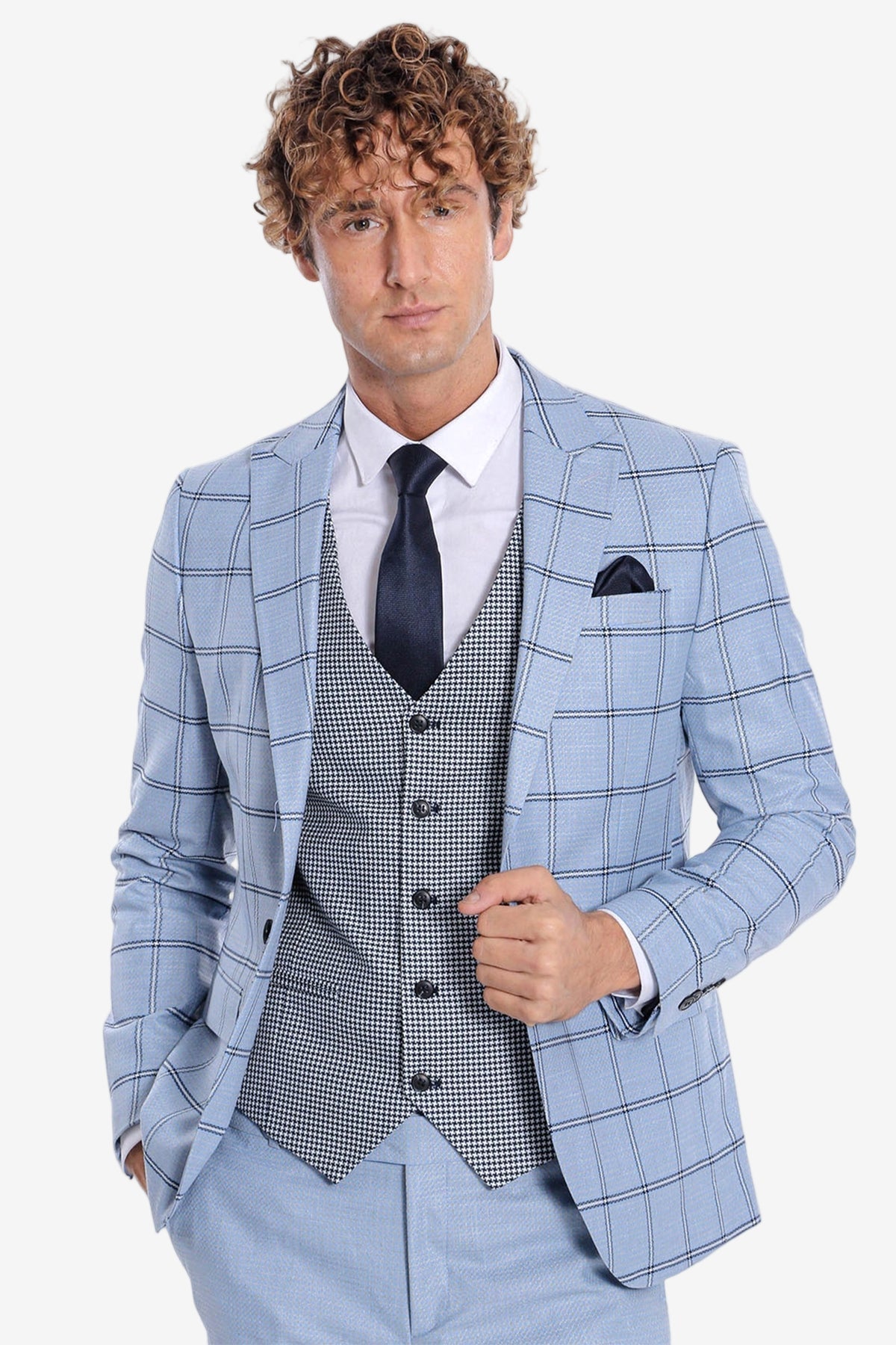 Checked Patterned Slim Fit Light Blue Men Suit - Wessi