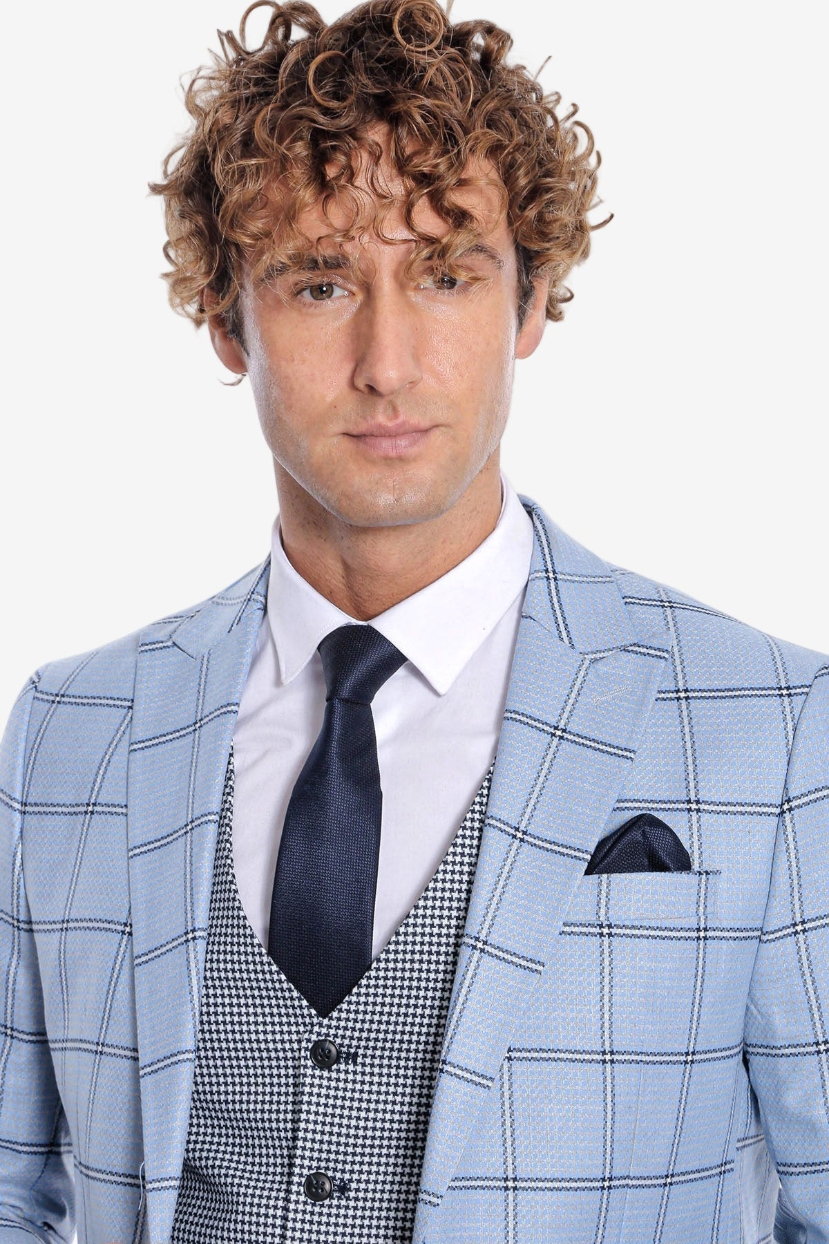 Checked Patterned Slim Fit Light Blue Men Suit - Wessi