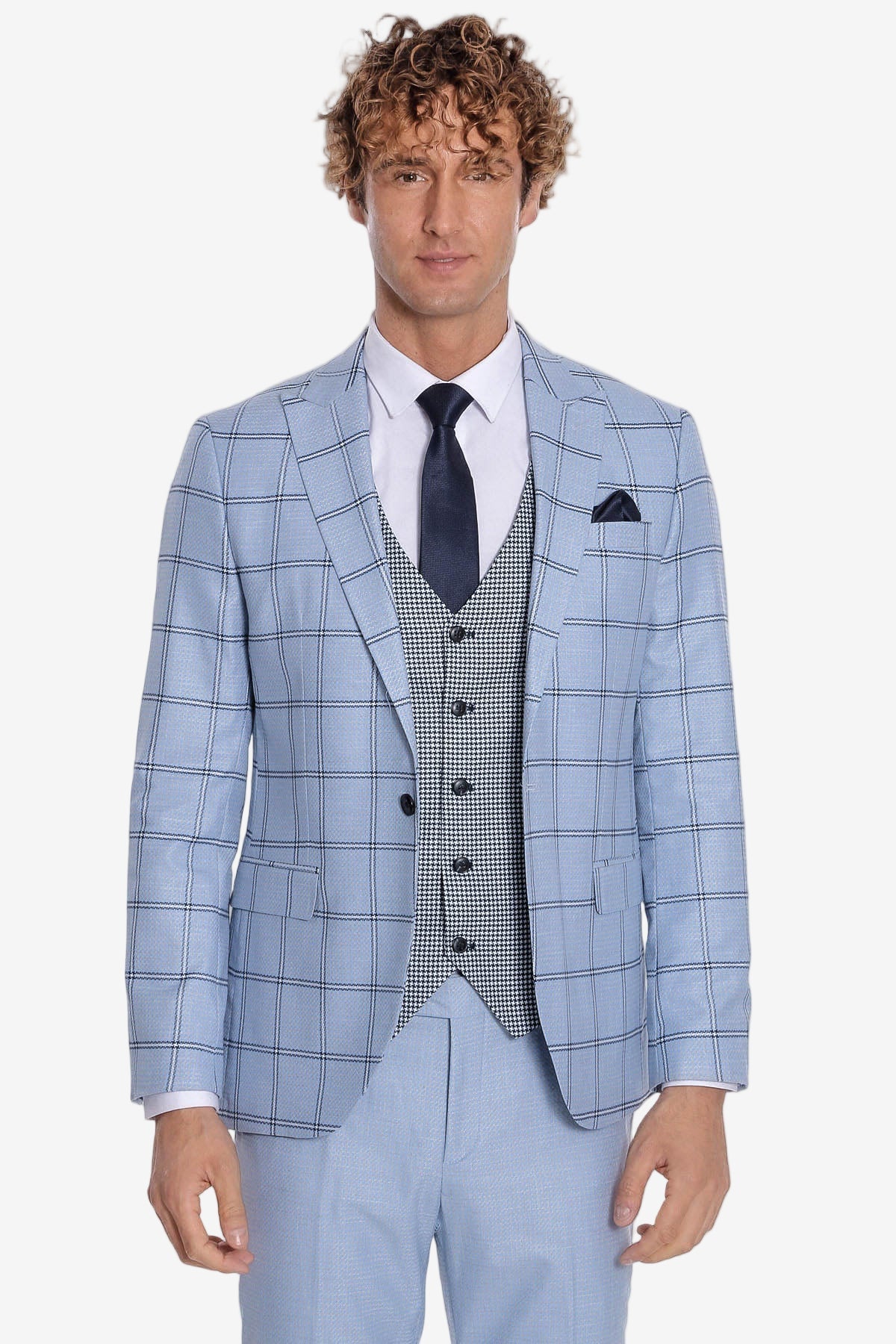 Checked Patterned Slim Fit Light Blue Men Suit - Wessi