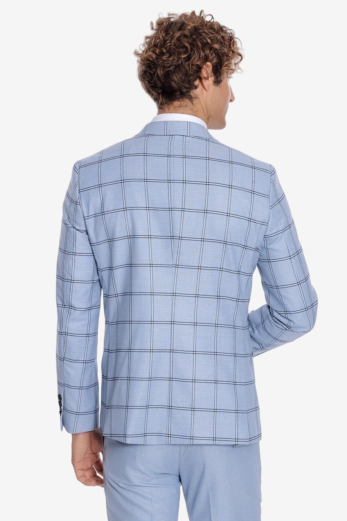 Checked Patterned Slim Fit Light Blue Men Suit - Wessi
