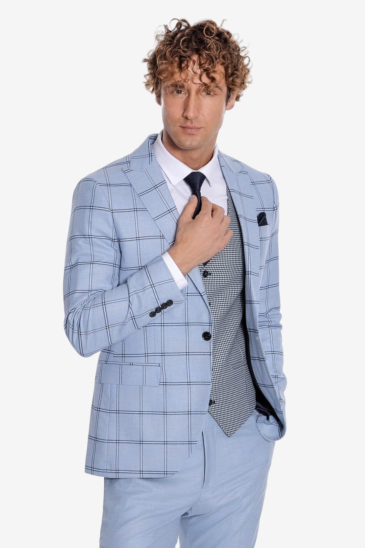 Checked Patterned Slim Fit Light Blue Men Suit - Wessi