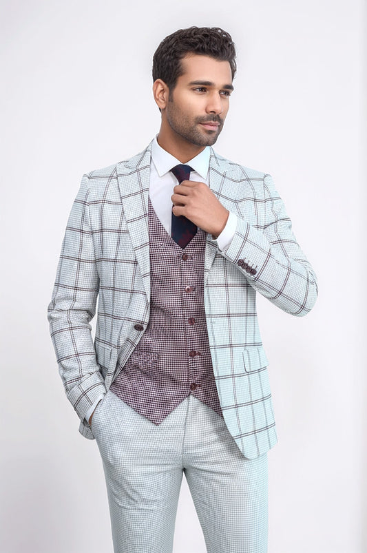 Checked Patterned Vested Light Grey Men Suit - Wessi