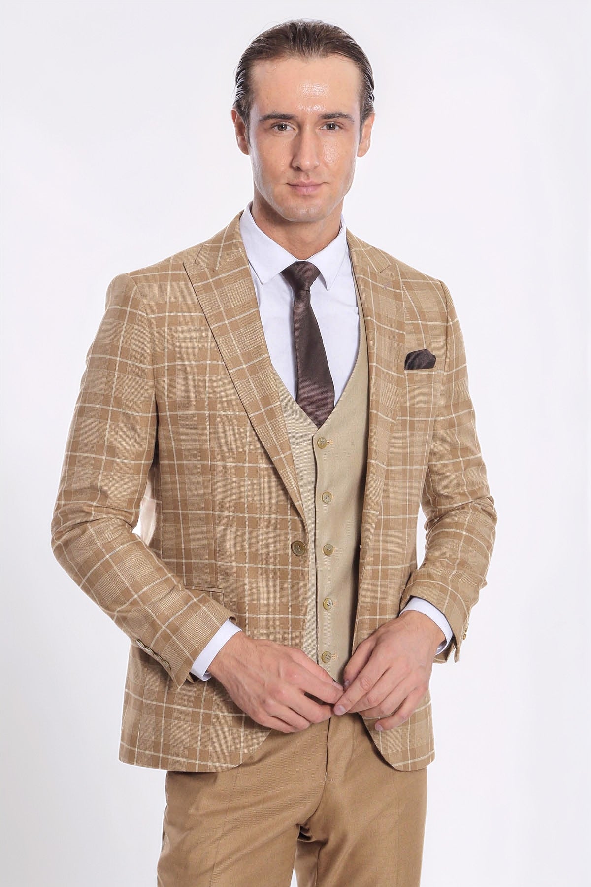 Slim Fit Checked Beige Men Suit - Wessi