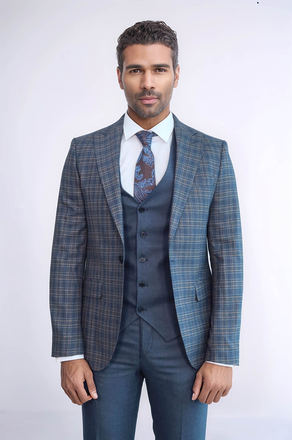 Checked Slim Fit Blue Men Suit - Wessi