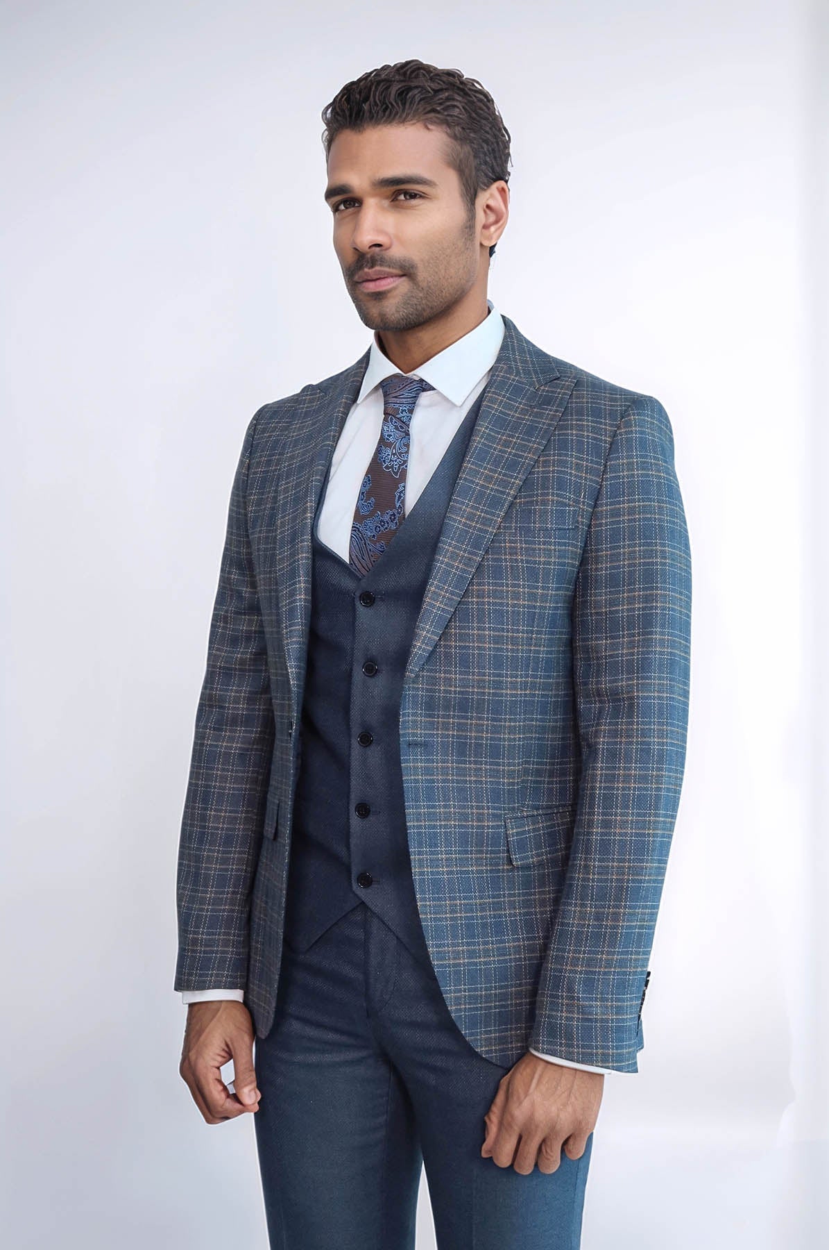 Checked Slim Fit Blue Men Suit - Wessi