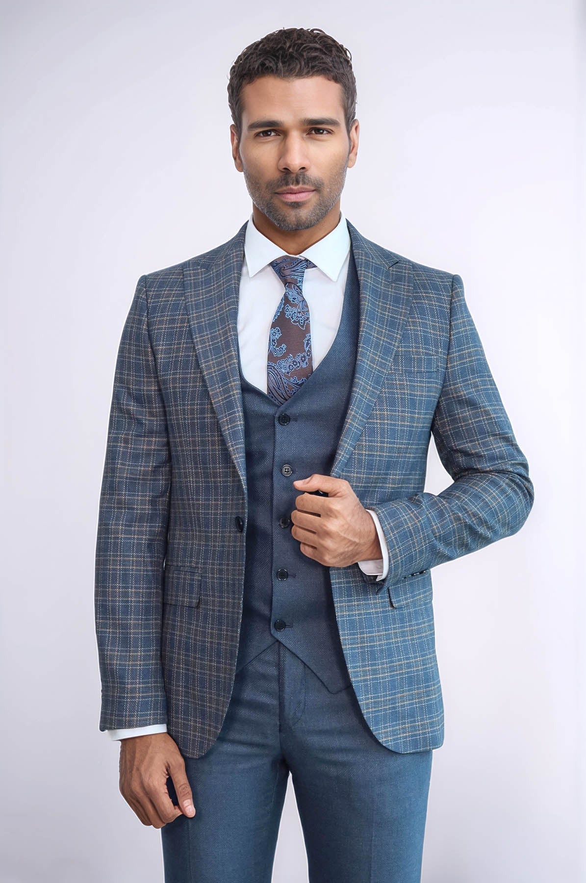 Checked Slim Fit Blue Men Suit - Wessi