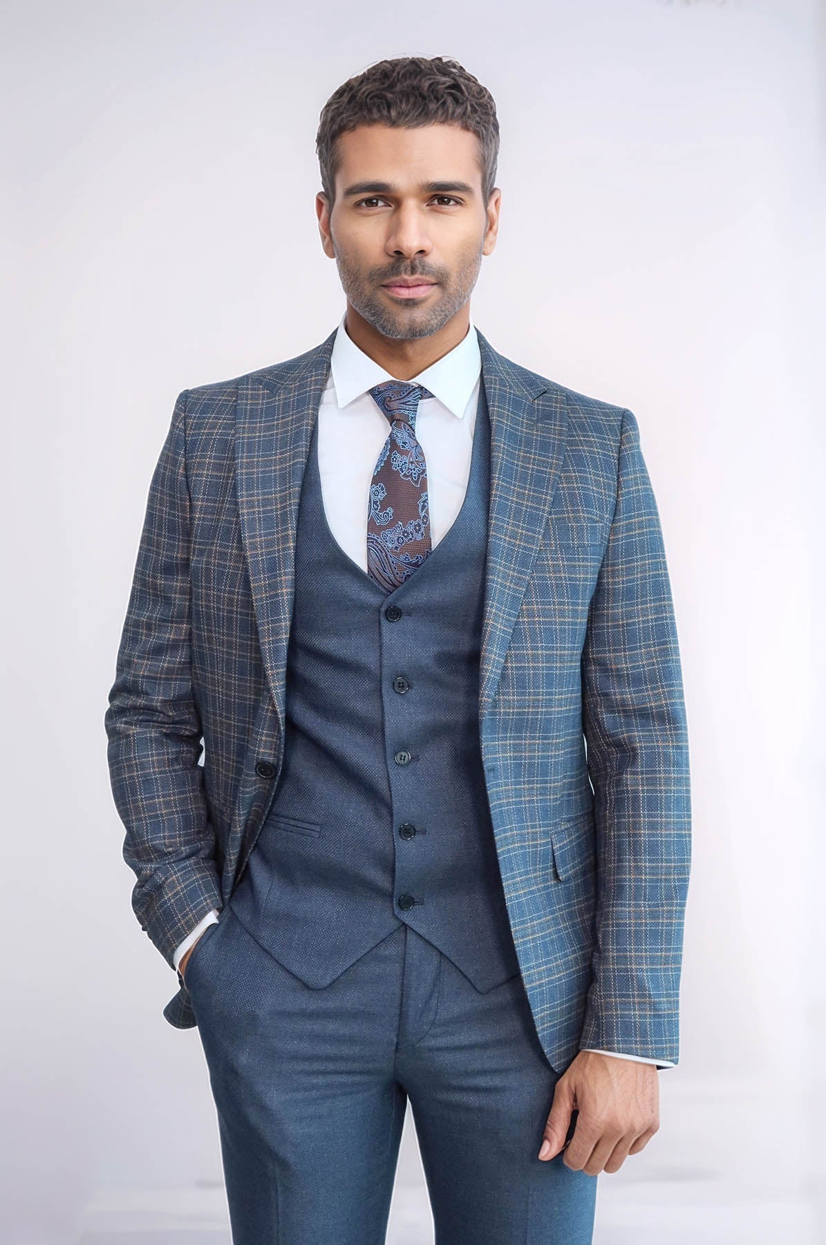 Checked Slim Fit Blue Men Suit - Wessi
