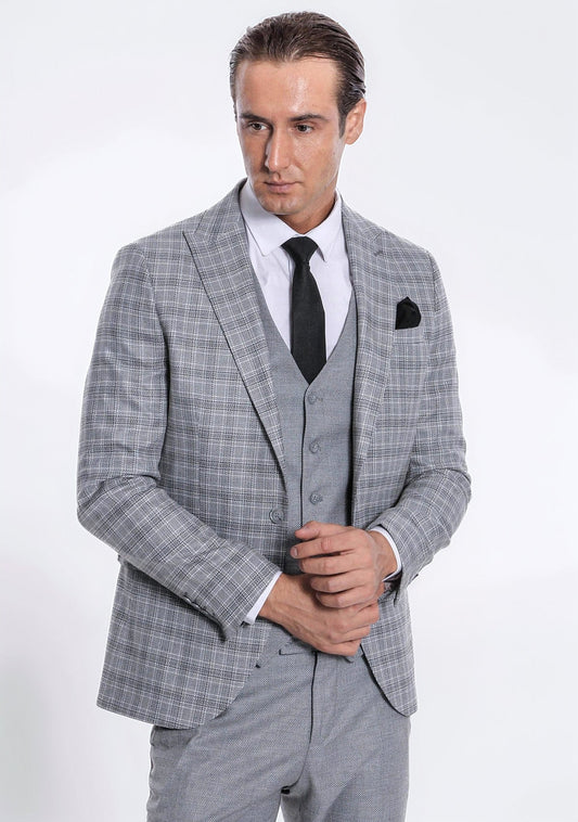 Checked Slim Fit Light Grey Men Suit - Wessi
