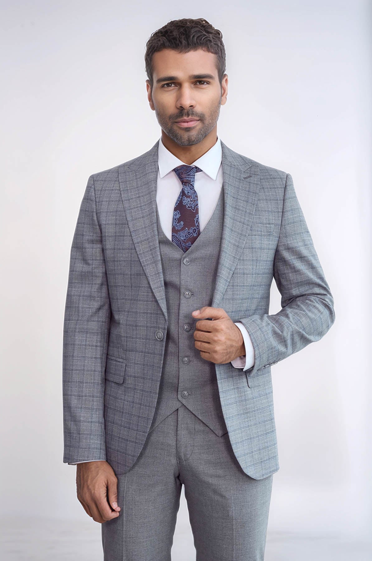 Checked Slim Fit Grey Men Suit - Wessi