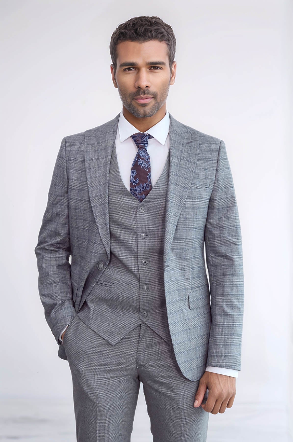 Checked Slim Fit Grey Men Suit - Wessi