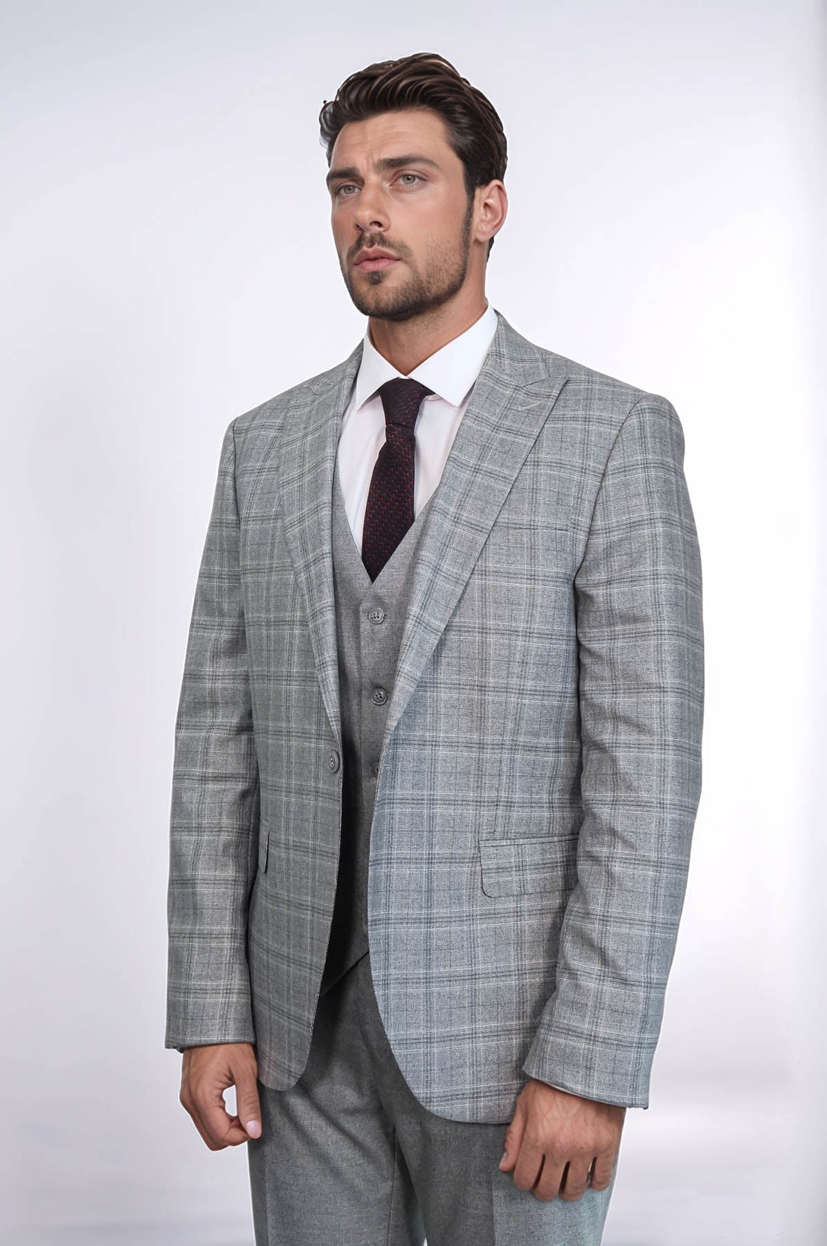 Checked Slim Fit Light Grey Men Suit - Wessi