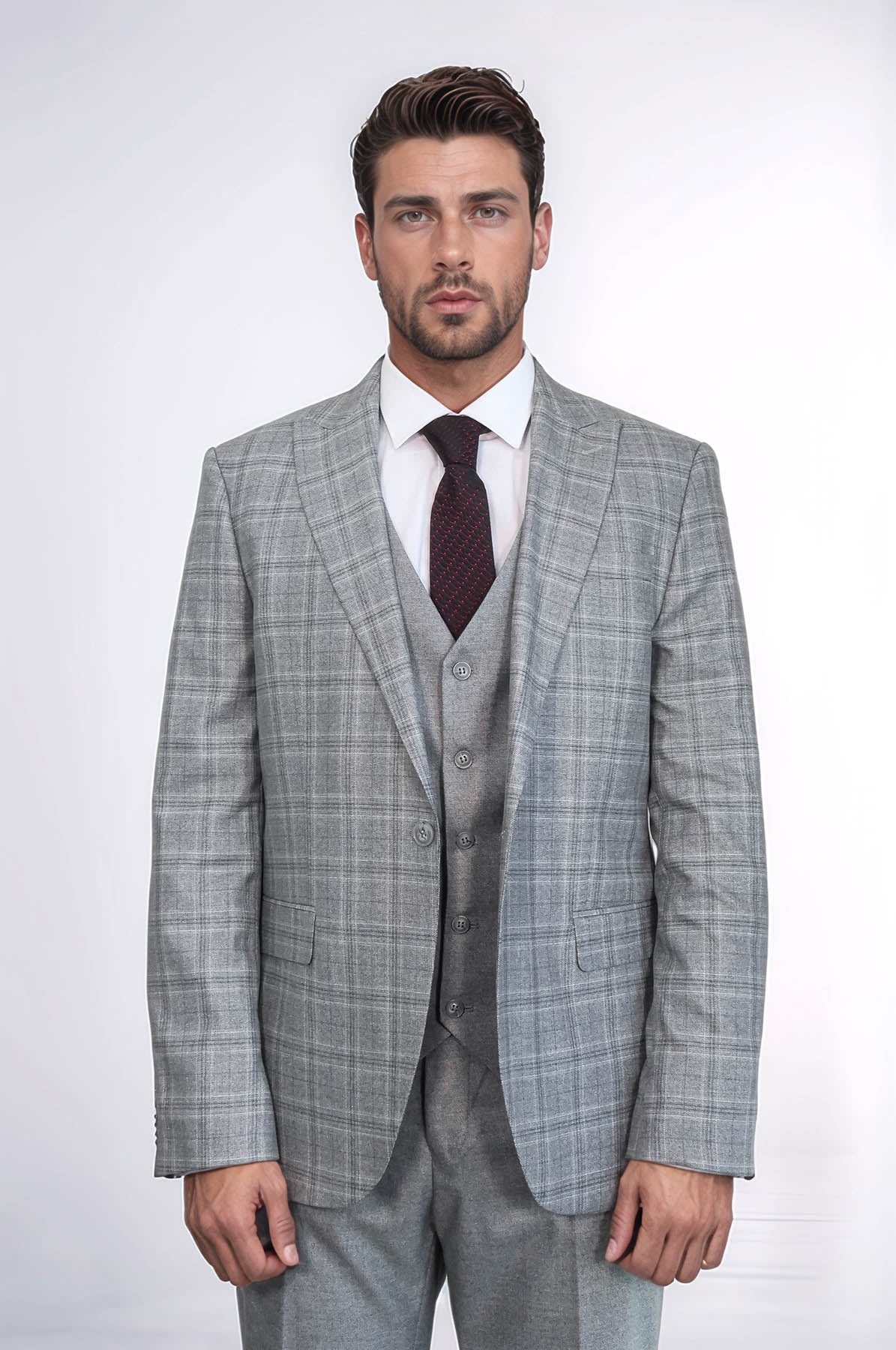 Checked Slim Fit Light Grey Men Suit - Wessi