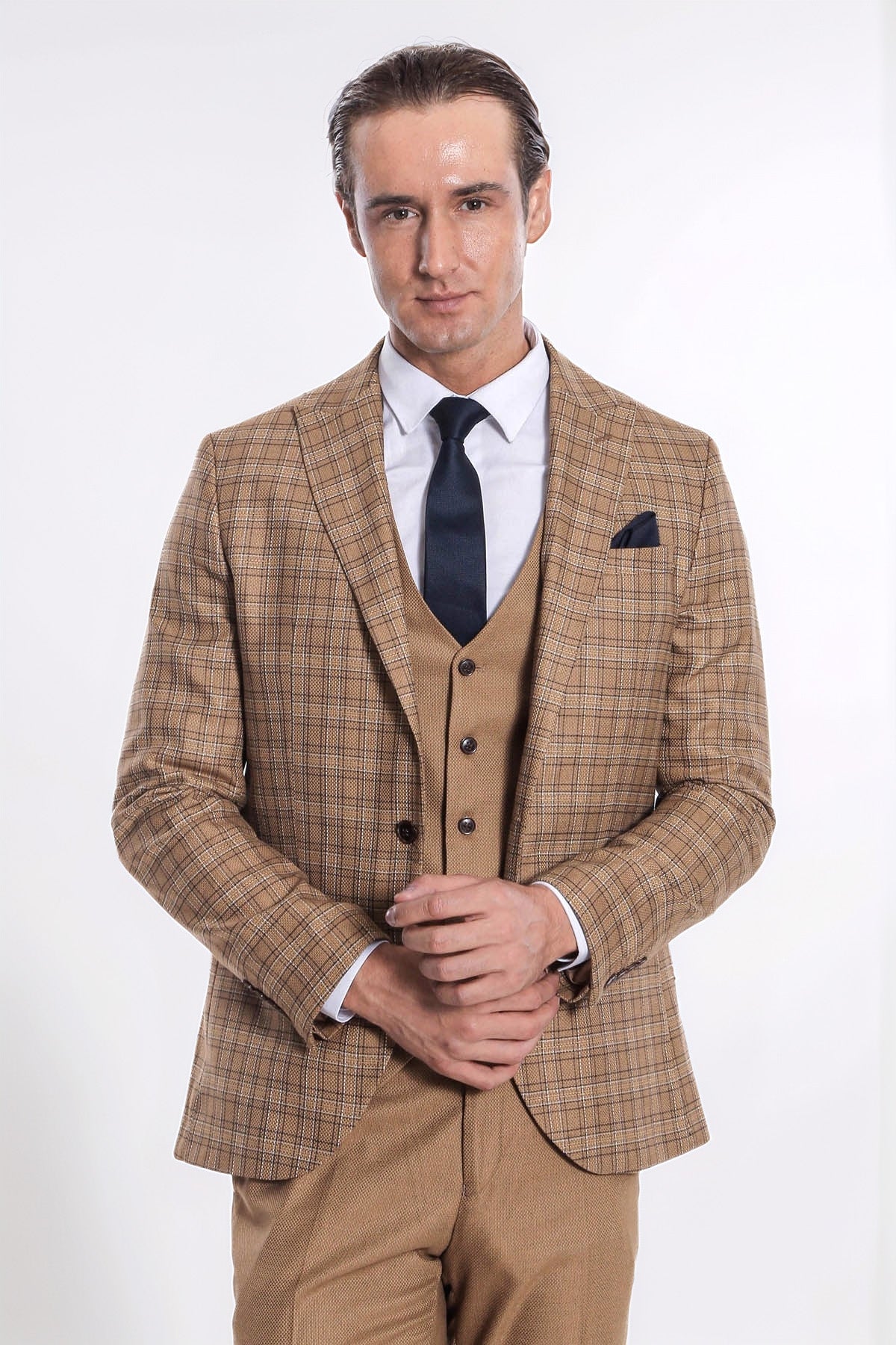 Checked Slim Fit Tan Men Suit - Wessi
