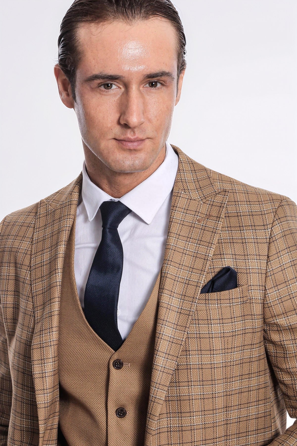 Checked Slim Fit Tan Men Suit - Wessi