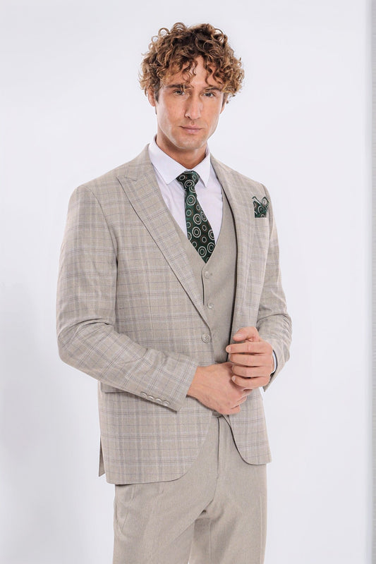 Checked Slim Fit Cream Men Suit - Wessi