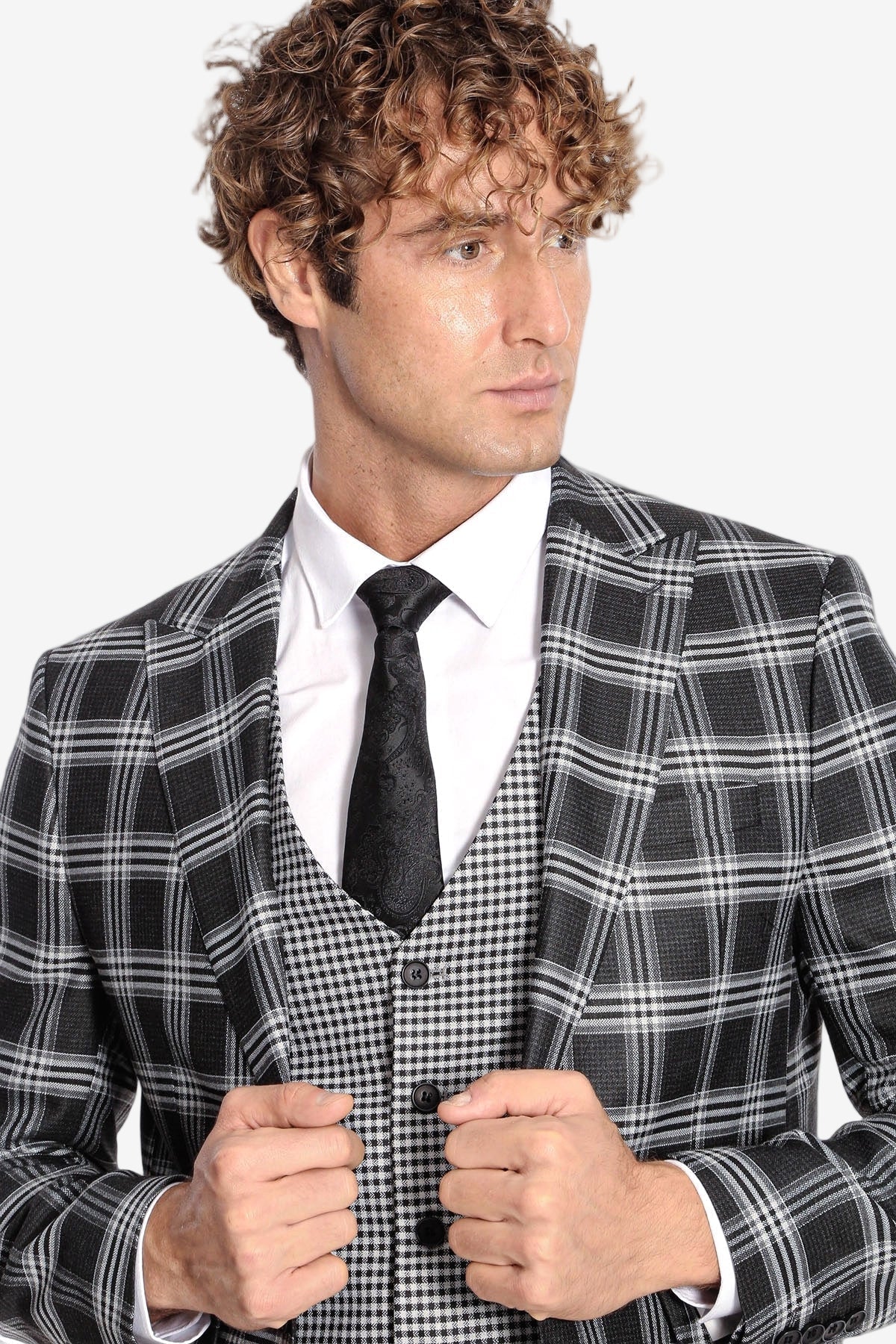 Slim Fit Patterned Checked Black Men Suit - Wessi