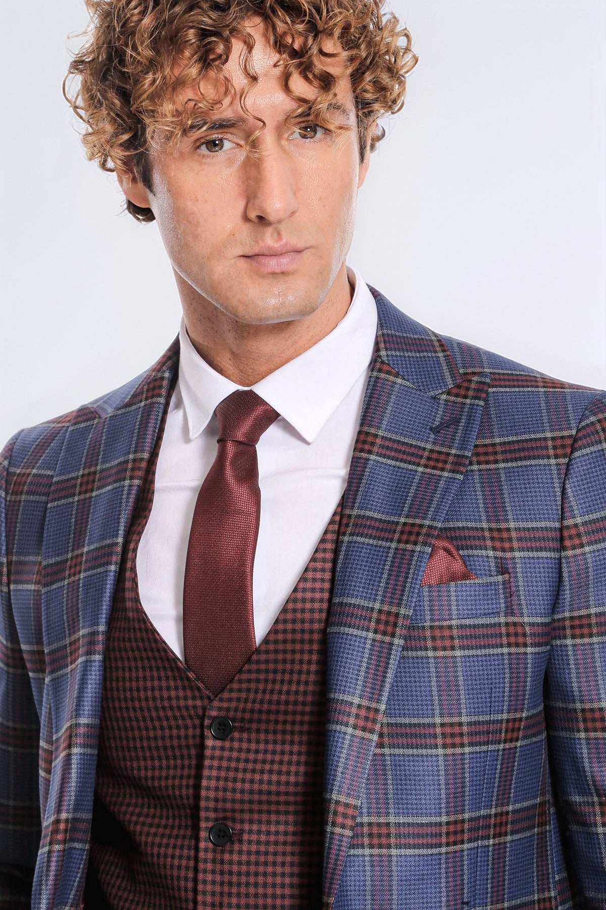 Patterned Checked Slim Fit Blue Men Suit - Wessi