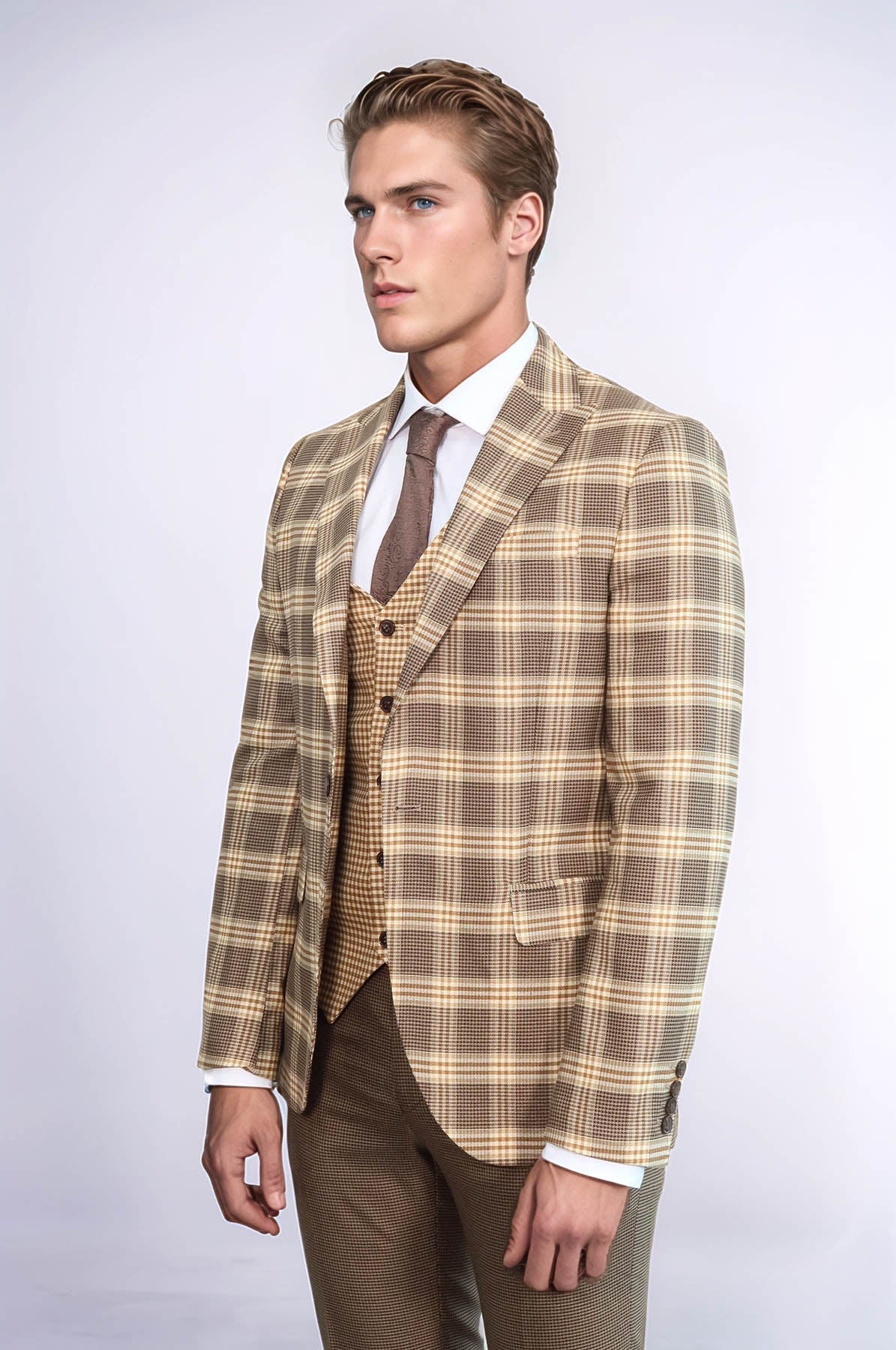 Slim Fit Patterned Checked Light Brown Men Suit - Wessi