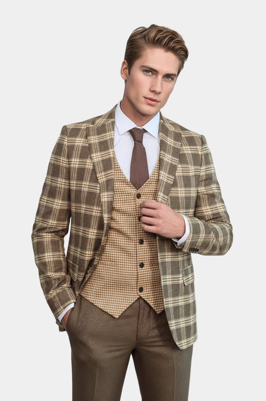 Slim Fit Patterned Checked Light Brown Men Suit - Wessi