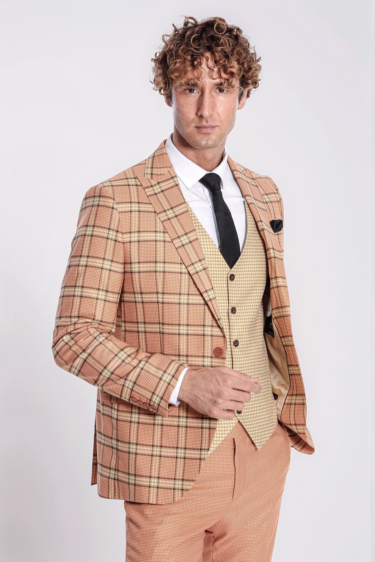 Slim Fit Patterned Checked Orange Men Suit - Wessi
