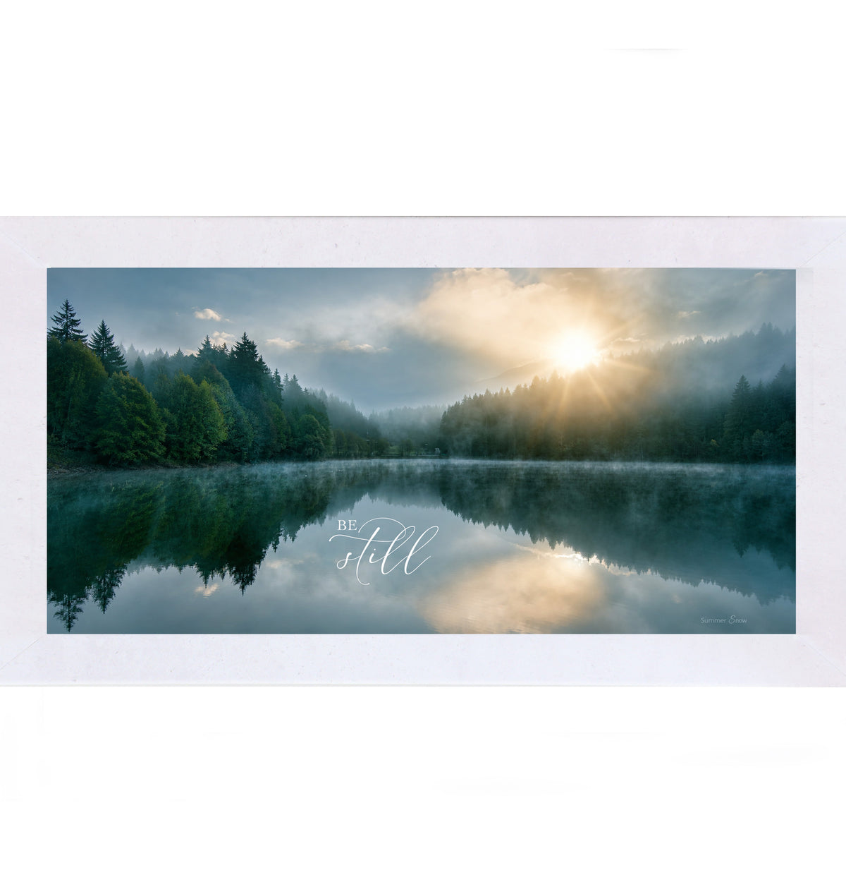 Be Still Wide Landscape Wall Art – Misty Lake Sunrise Christian Scripture Decor (SB765)