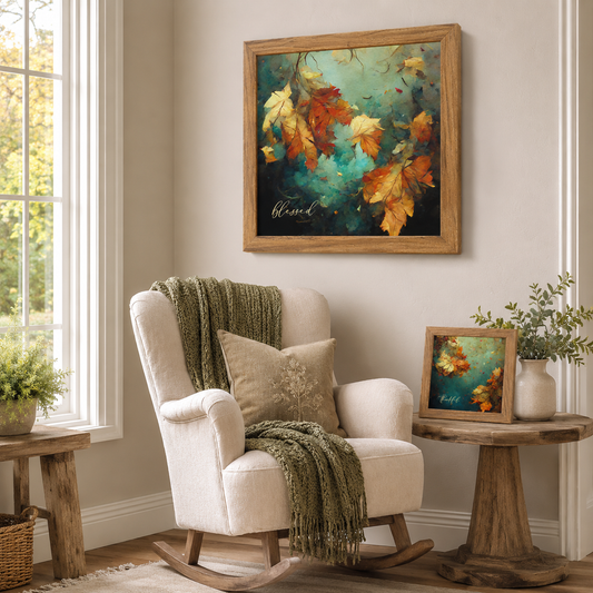Thankful Fall Wall Art – Teal Watercolor Autumn Leaves Square Farmhouse Decor (SB306)