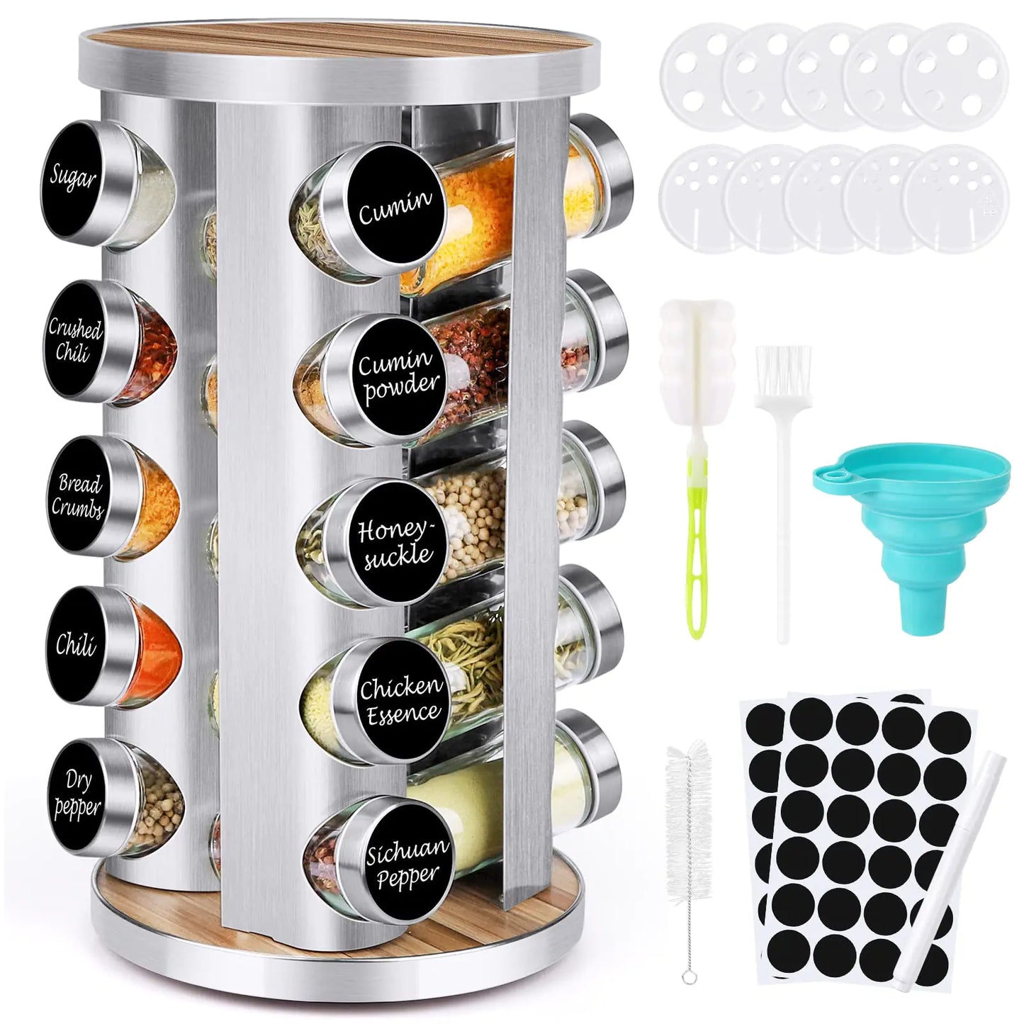 Spice Rack Organizer with Jars for Cabinet (20Pcs) Stainless Steel/Wooden Countertop Rack Tower Organizer for Kitchen Pantry with Reusable Labels/Funnel/Brushes