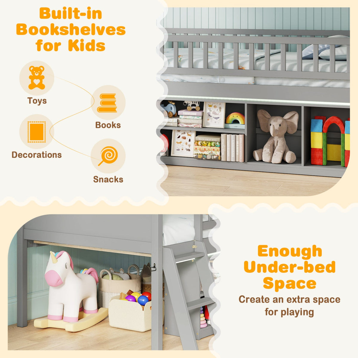 Twin Loft Bed with LED Lights & Bookshelf for Kids