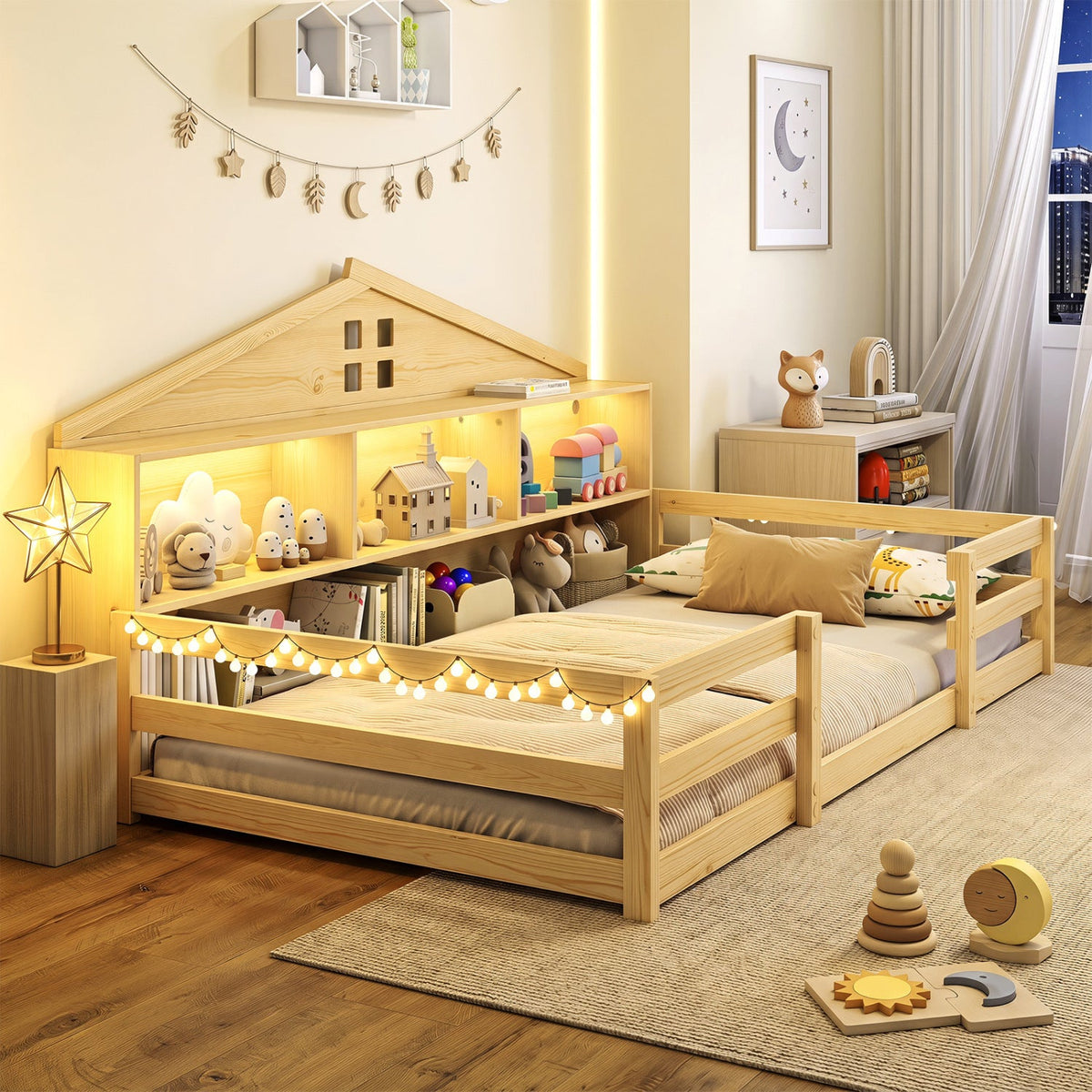 Twin Montessori Floor Bed with Storage and LED Lights