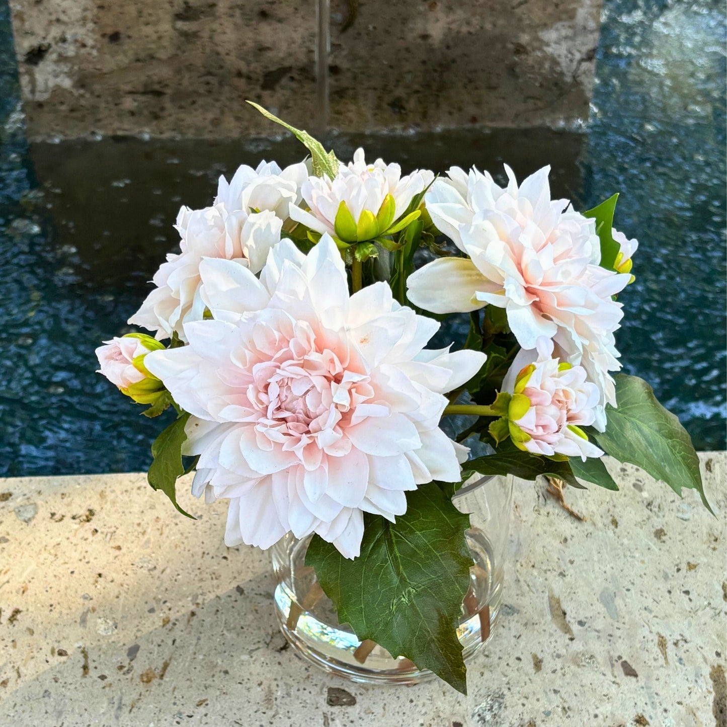 Artificial Dahlia Flower Arrangement in Glass Vase - 10"