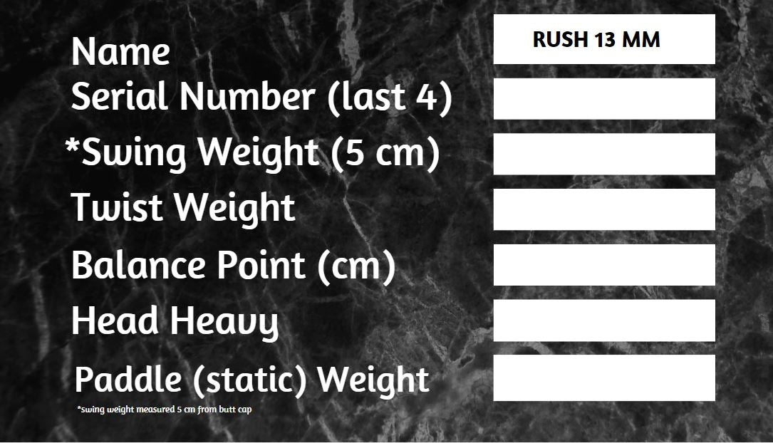RUSH 13  Includes custom weight card, paddle cover, paddle eraser, and lead weights.