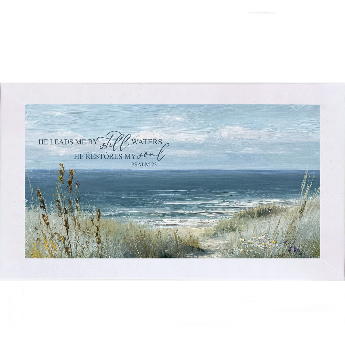 He Leads Me By Still Waters Wall Art – Psalm 23 Coastal Scripture Wide Landscape Decor (SB757)