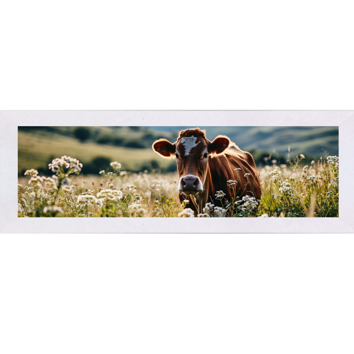Jersey Cow Wildflower Panoramic Wall Art – Farmhouse Cattle Wide Landscape Decor (SB938)