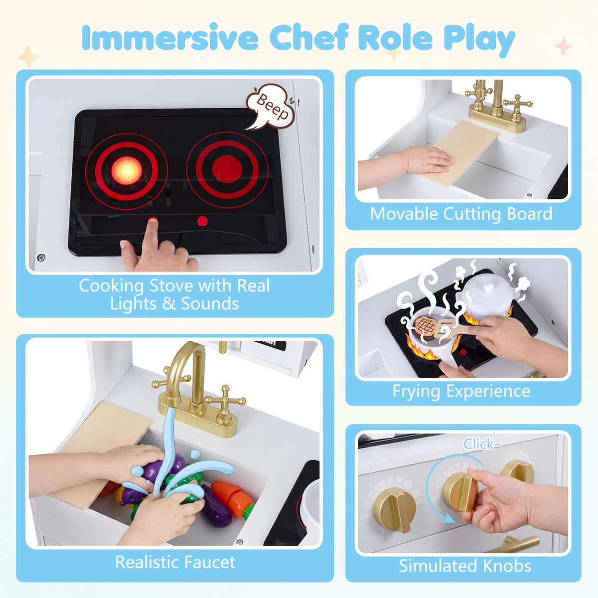Wooden Play Kitchen with Lights & Sounds for Kids Ages 3+