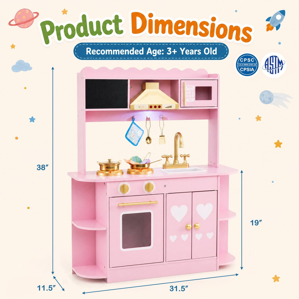 Wooden Play Kitchen with Lights & Sounds for Toddlers 3+