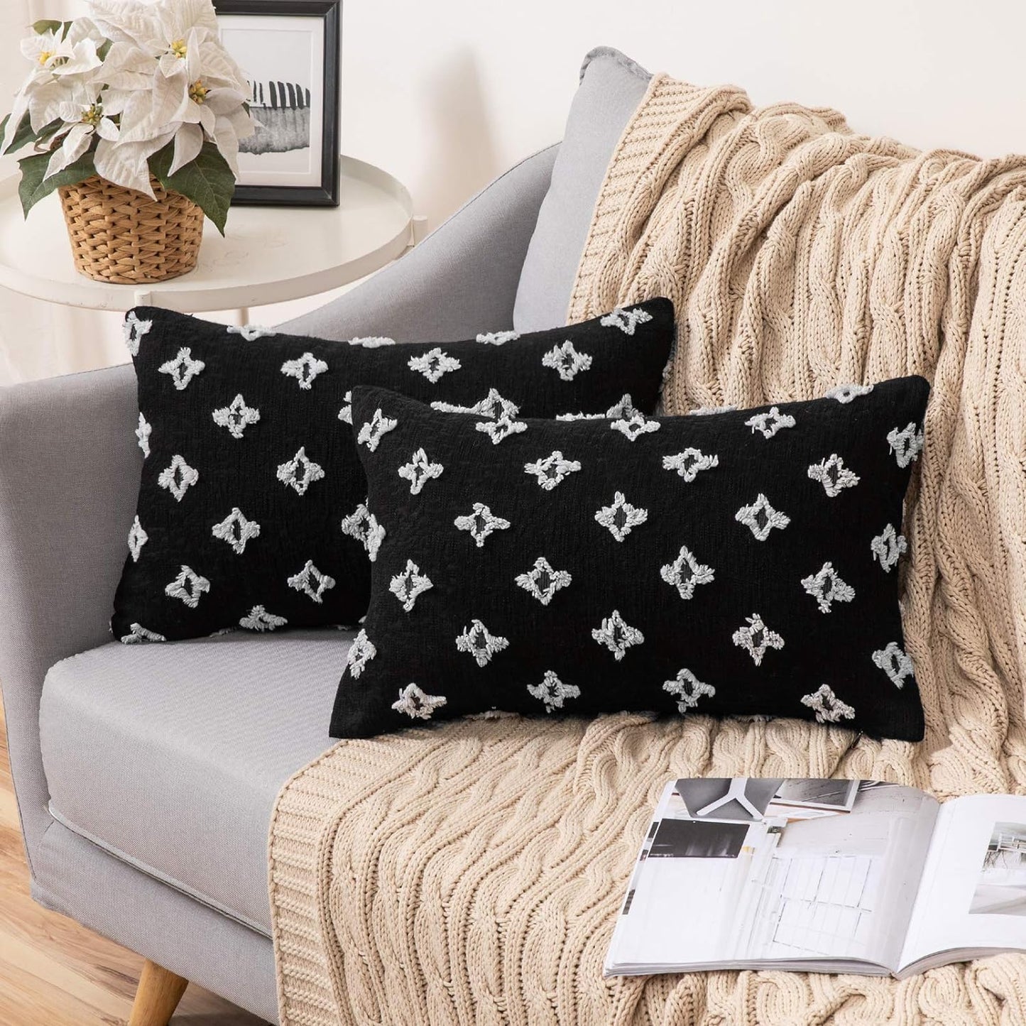 12''x20'' tufted floral lumbar support 100% cotton throw pillow | 7 colors textured daisy stitch design | boho chic lumbar & accent pillow | insert included