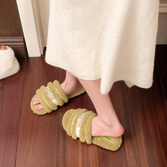 Women's Furry Slippers For Outdoor Wear, 2026 New Autumn Winter Trendy Single Band Fluffy Cotton Slippers