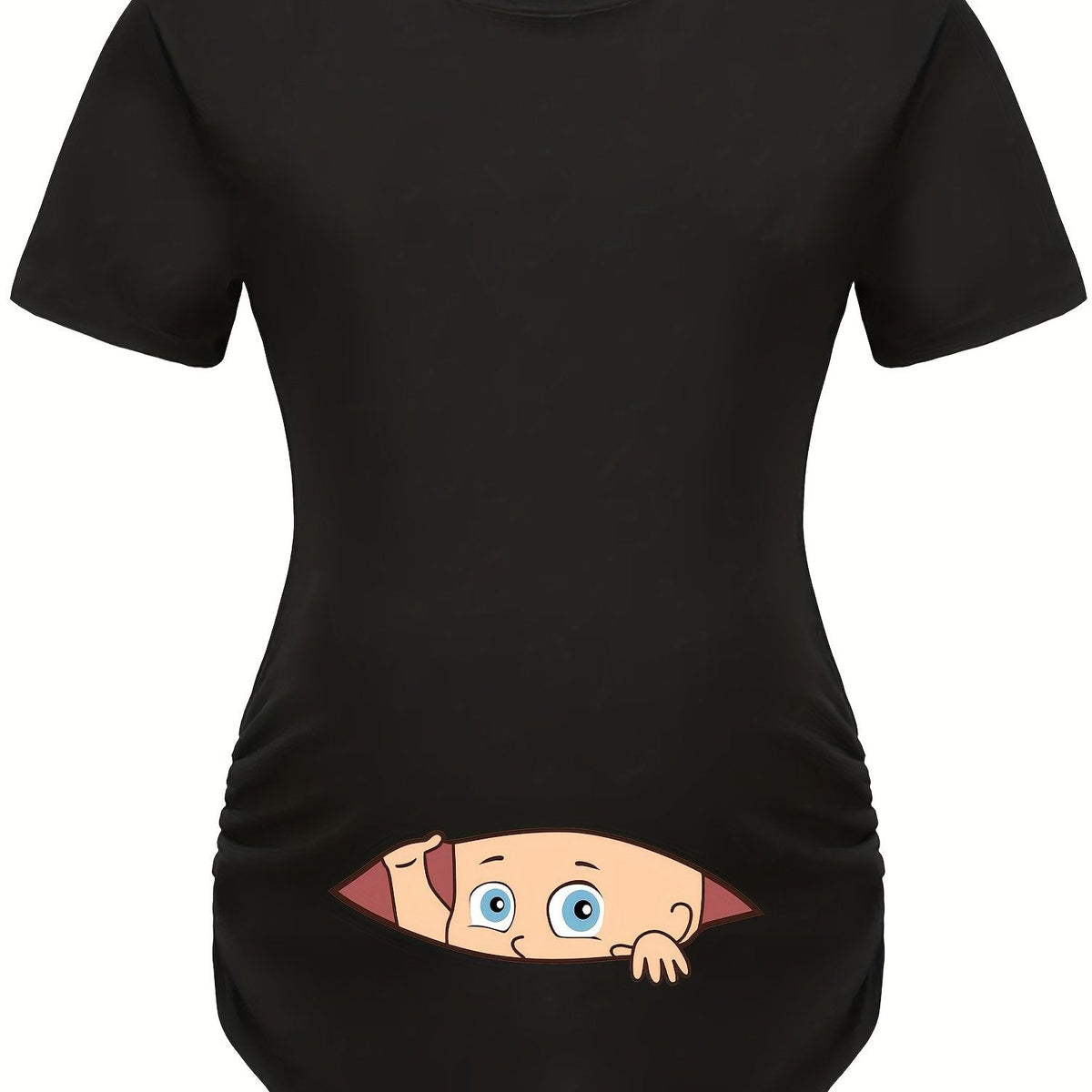 Letter Printed Short-sleeved Maternity Wear Black T-shirt with Big-eyed Baby Pattern