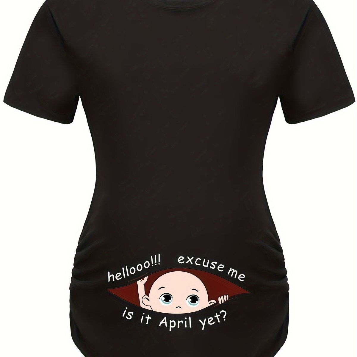 Hello Month & Cartoon Character Print Maternity T-Shirt, Round Neck Short Sleeve Pregnant Women's Top for Pregnancy Announcement - Comfortable Fit
