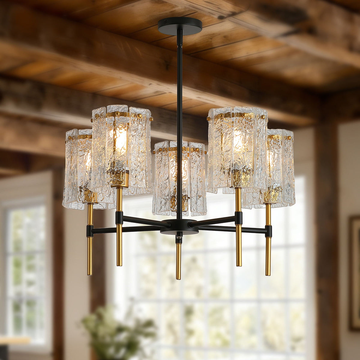 5 Light Textured Glass Chandelier with Adjustable Height - Black & Gold