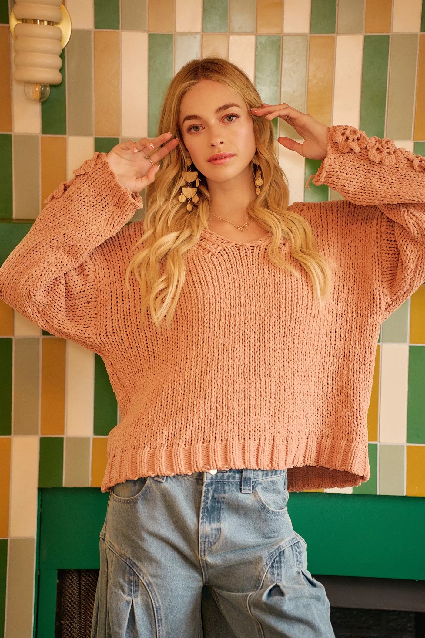 BiBi Chunky Knit Sweater with Flower Detail Sleeves