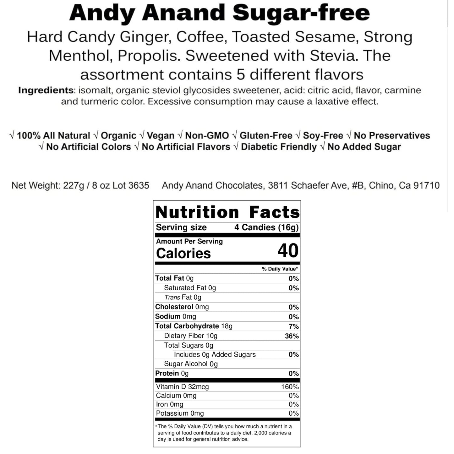 Andy Anand Sugar Free Hard Candy Variety Pack – Ginger, Coffee, Sesame, Menthol, Propolis, Stevia, Gluten Free, 85 Pcs 7 Oz
