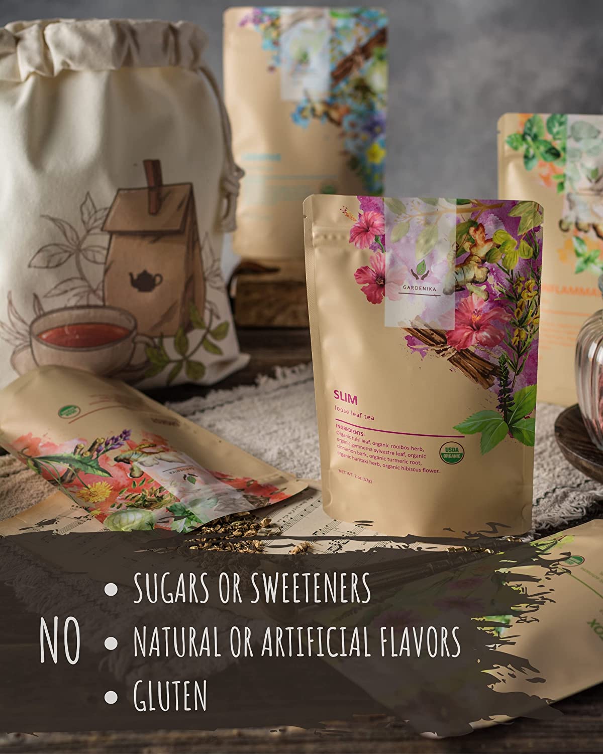 Organic Tea Sampler, 5 Caffeine-Free Wellness Herbal Blends